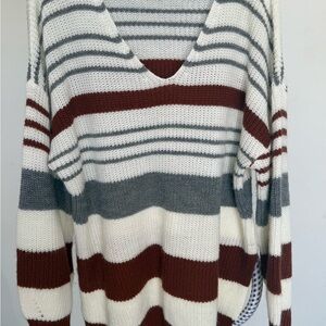 Striped V-Neck Sweater - Cream, Gray, and Brown#848